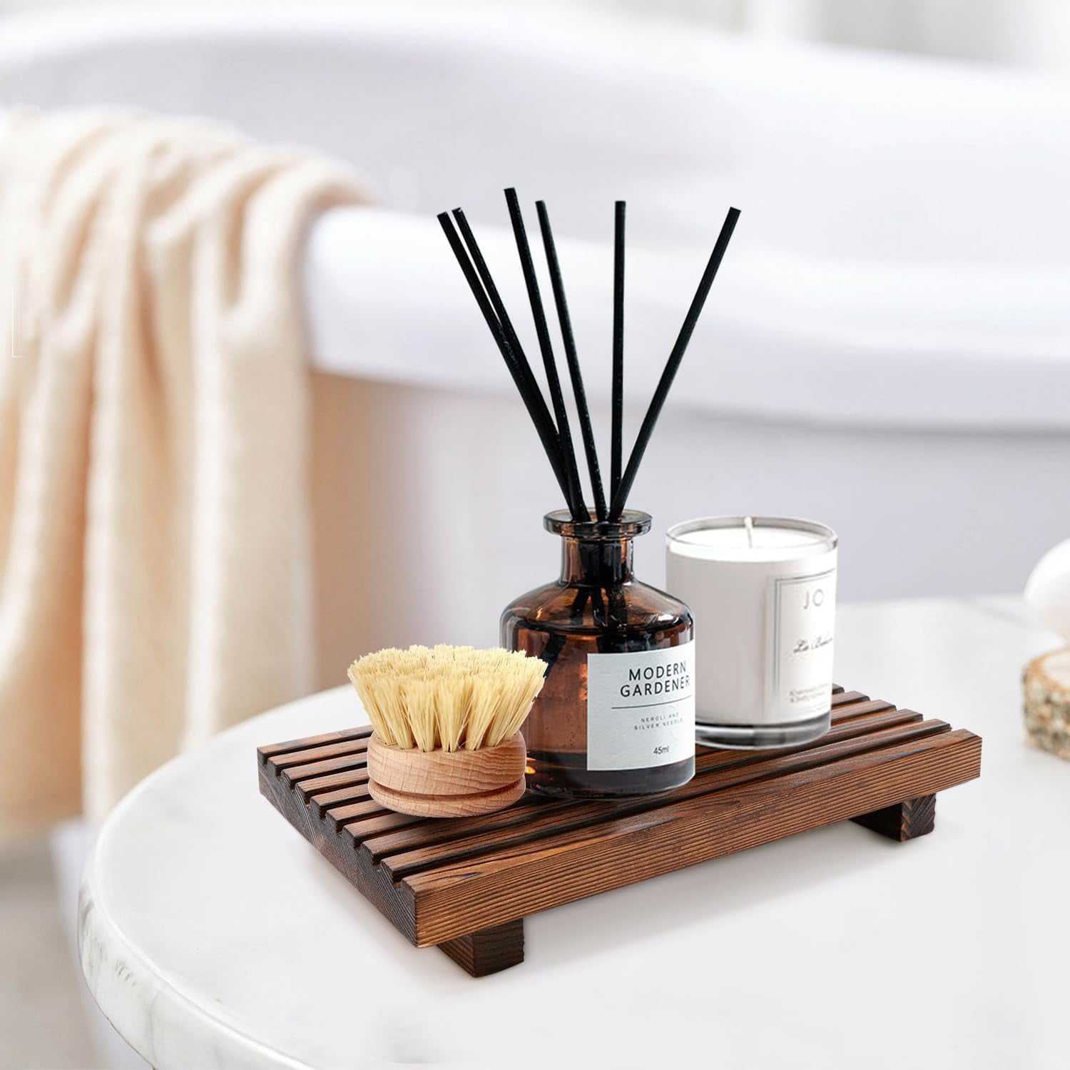 Black Wooden Bathroom Vanity Tray, Farmhouse Countertop Organizer & Riser Stand for Kitchen Sink, Soap Dispenser Holder & Home Decor