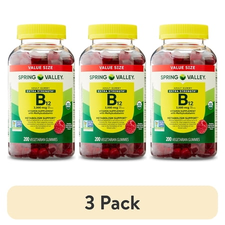 (3 pack) Spring Valley Extra Strength Vitamin B12 Supplement, Raspberry Flavor, 3000 mcg, 200 Count, Vegetarian Gummies for Metabolism Support