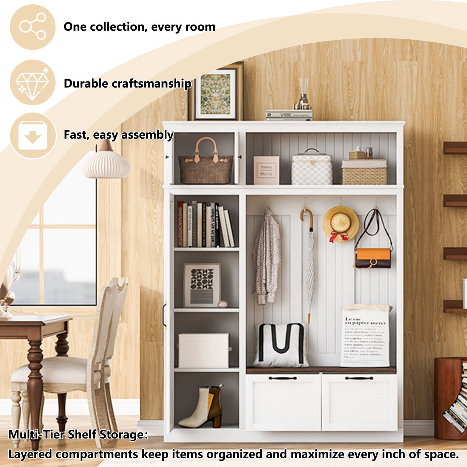 59"W 3-in-1 Farmhouse Entryway Hall Tree with Storage Cabinet, Adjustable Shelves, 4 Hooks & 2 Drawers, Mudroom Bench with Grooved Back Panel, Multifunctional Hallway Organizer, White
