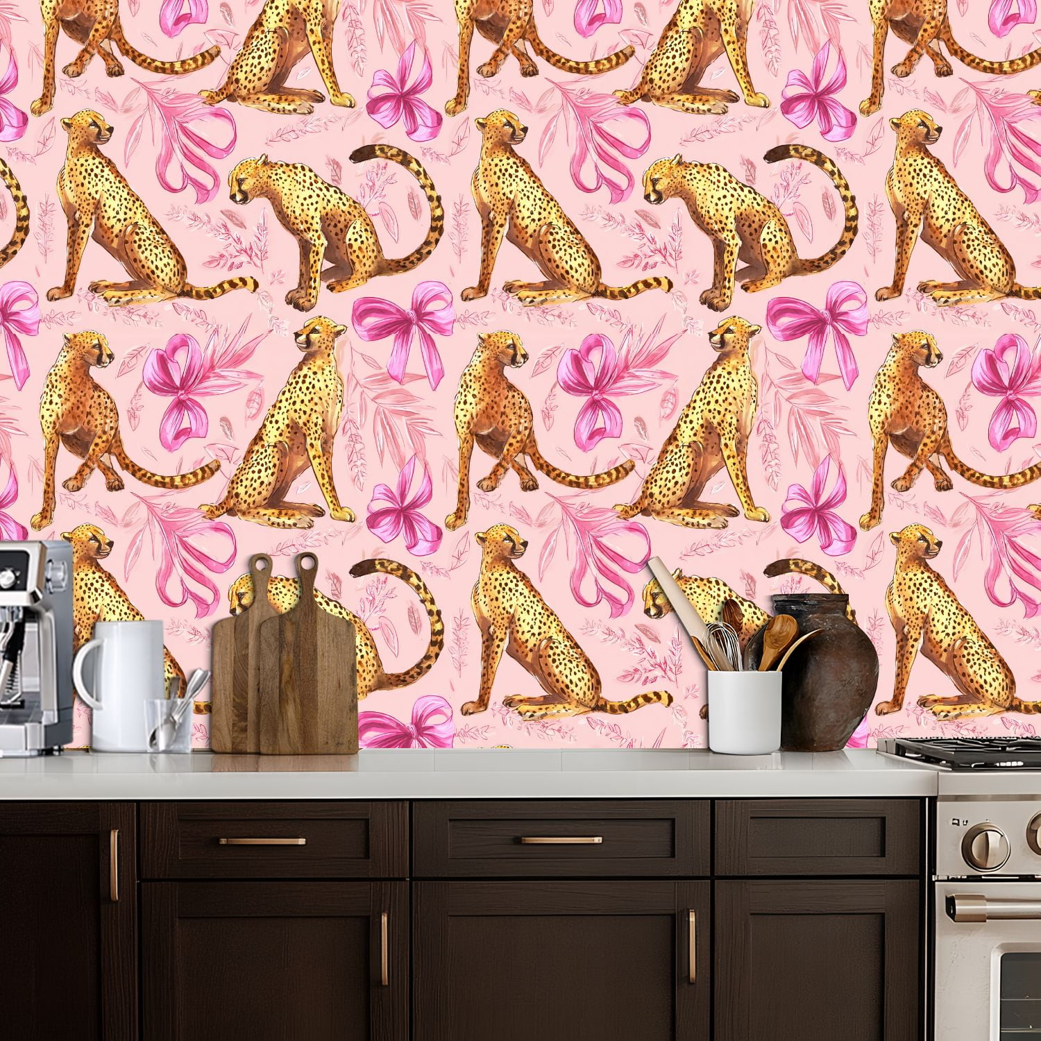 Cheetah Peel and Stick Wallpaper 17.7in x 9.8ft Leopard Cheetah Pink Floral Contact Paper Vinyl Waterproof Self Adhesive Wall Paper for Bedroom Shelf Cabinet Renter Friendly