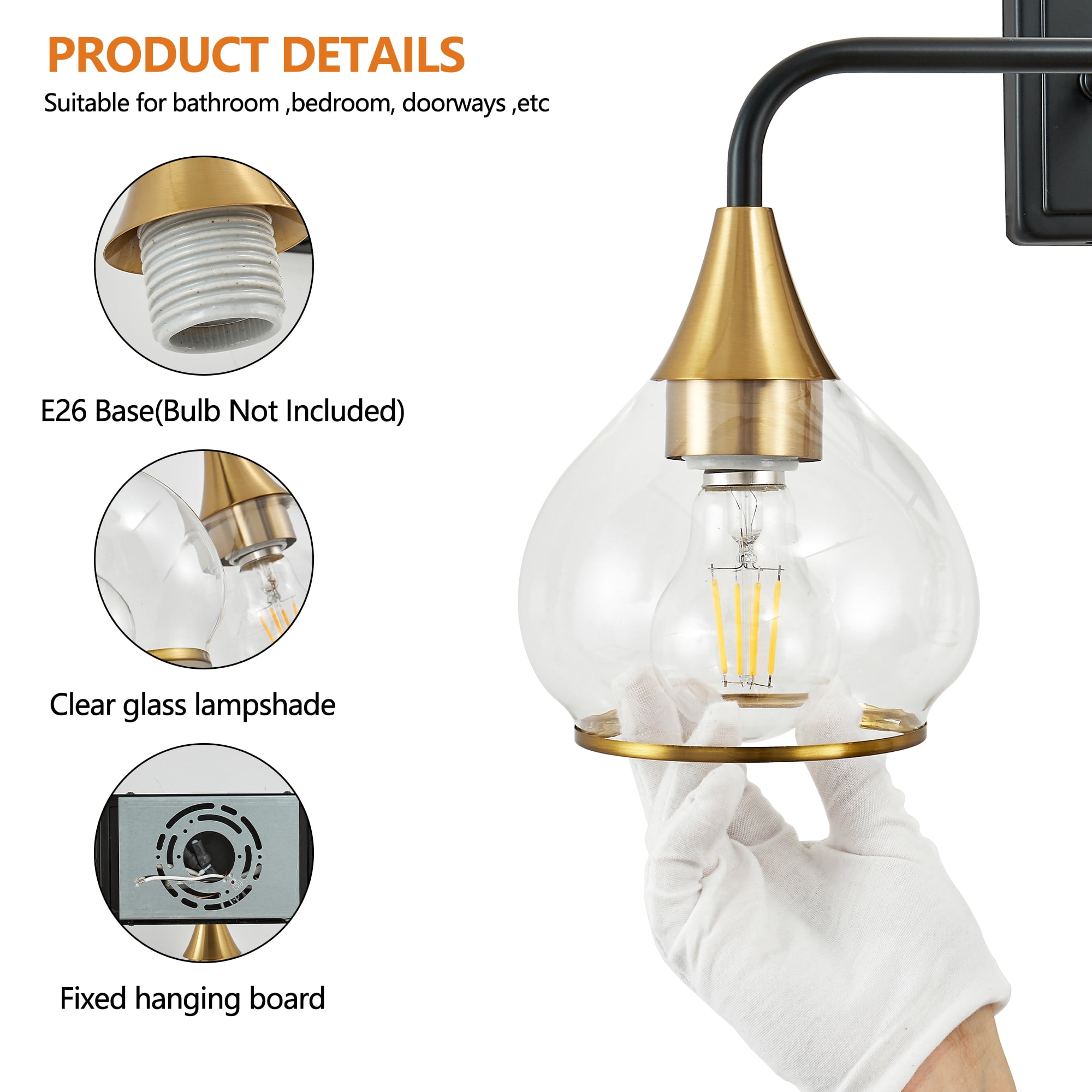 Art Deco 3-Light Vanity Light Fixture,  Bathroom Wall Sconce with Clear Glass Shades, Black and Gold, 23 Inch Modern