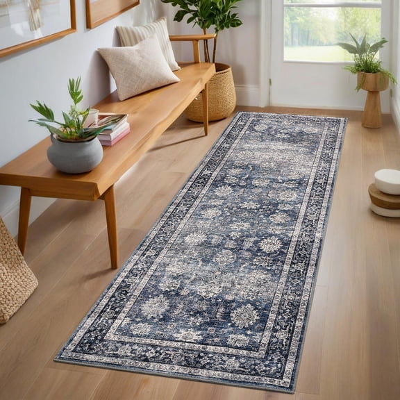 Oriental Green Camel 2'x6' Runner Rug – Vintage Printed Non-Slip Hallway Rug, Washable Stain-Resistant Low Pile Carpet for Bedroom, Entryway