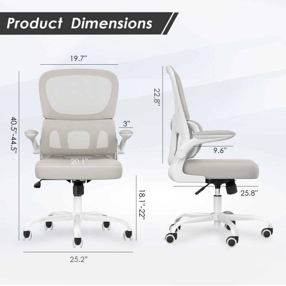 Pawverly Ergonomic Mesh Office Chair with Adjustable Lumbar Support, Flip-up Arms, Swivel Task Computer Desk Chair with Wheels, Comfy Home Office Chair, khaki+White