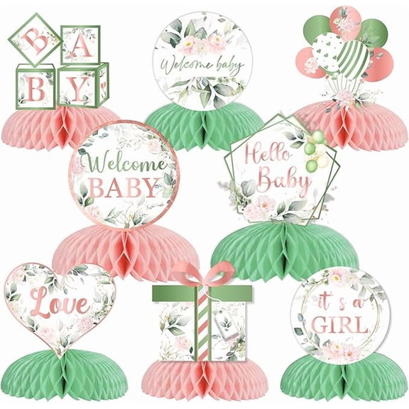 Sage Green and Pink Baby Shower Decorations for Girl - 8pcs Floral Honeycomb Centerpieces, Blush Pink Floral Baby Shower Table Decor, Greenery Botanical Its a Girl Party Decorations