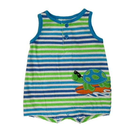 BT Kids Infant Boys Surfing Turtle Blue Green Striped Romper Bodysuit Outfit