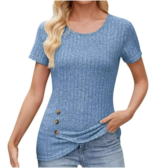 Tnhcen Women's New Solid Crew Neck Decorative Button Wrinkle Short Sleeve Top - S-2XL Plus Size Friendly | Polyester Spandex Blend Summer Casual Essentials