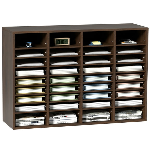 VEVOR Wood Literature Organizer Adjustable File Sorter 36 Compartments Countertop Literature Organizer Paper Storage Holder Brown