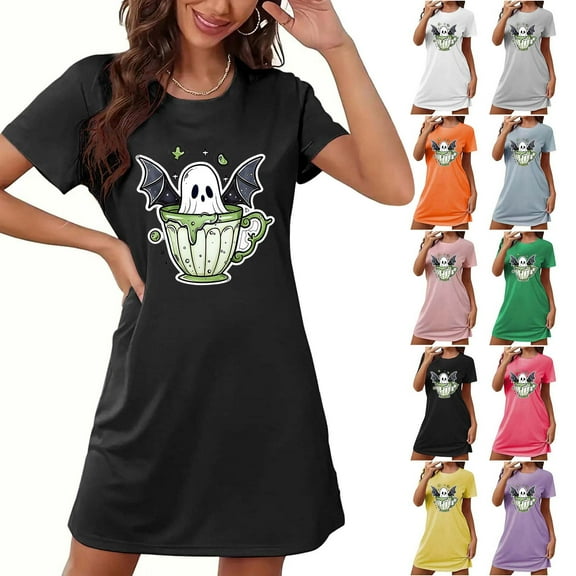 Aboser Womens Halloween Nightgown Funny Print Mini Sleepdress Casual Short Sleeve Holiday Loungewear Cute Round Neck Nightshirts Loose Fit Sleepwear