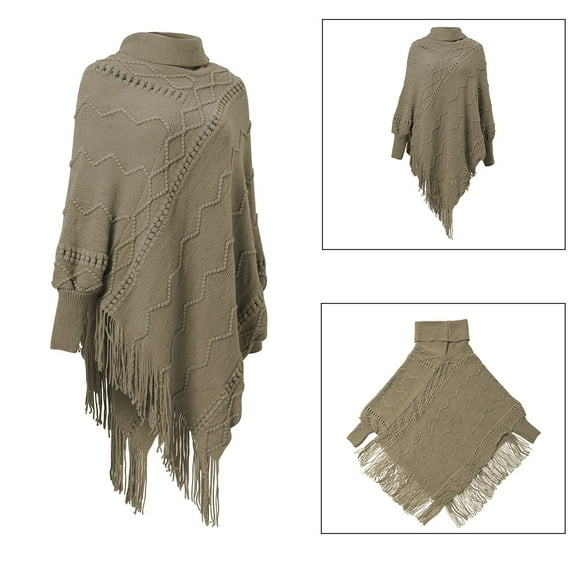 Women Poncho Sweater Turtleneck Solid Knit Pullover Cape Lightweight Shawl Wrap with Fringes