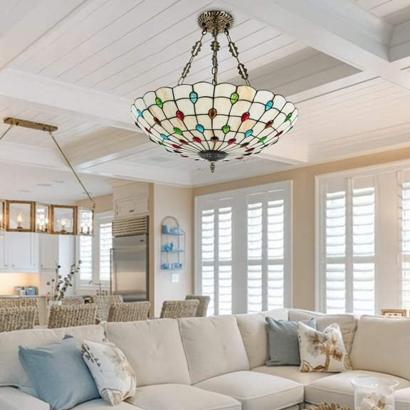 Tiffany Style Vintage Chandelier Stained Glass Flush Mount Ceiling Light Fixture Pendant Lamp Without Bulb