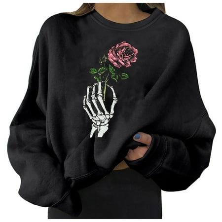 

Womens Solid Halloween Funny Rose Graphic Print Crewneck Drop Shoulder Fall Shirt Blouse Sweatshirt Casual Long Sleeve Plus Size Loose Fit Oversize Lightweight Soft Pullover Top