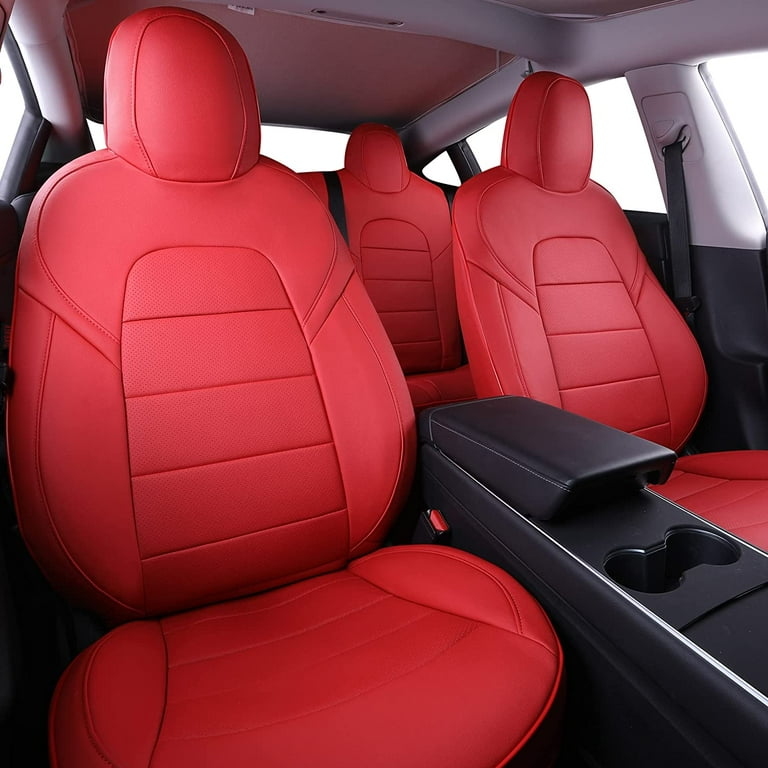 EKR Custom Fit Model 3 Car Seat Covers for Tesla Model 3 2017 2018 2019  2020 2021 2022 2023 - Full Set Leatherette (Red) 