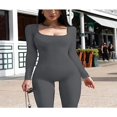 thumbnail image 4 of Women Ribbed Knit Yoga Jumpsuits Square Neck Long Sleeve Bodycon Rompers One-Piece Workout Sports Outfits, 4 of 6