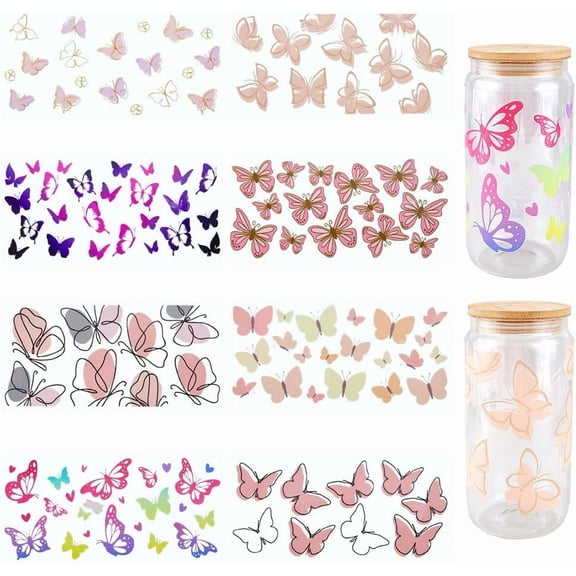 8Pcs 8 Styles Cup Transfer Wrap Glass Cups Wraps Bulk Transparent Plastic Assorted Colorful Animal Butterfly Pattern Waterproof Decals Stickers for UV DTF Tumblers Wood Decoration DIY Crafts