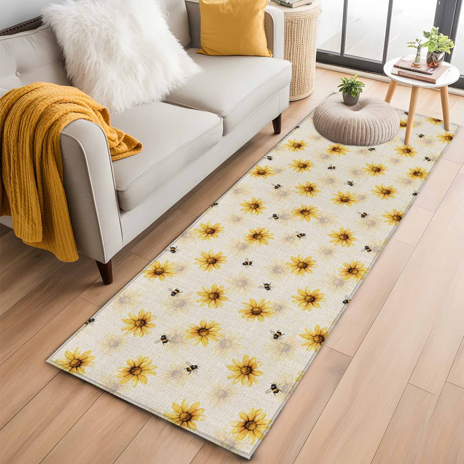 Farmhouse Sunflower Runner Rug 2 x6 Rustic Yellow Honey Bees Linen Texture Hallway Runner Rugs Washable Non-Slip Bedside Floor Mats Carpet for Kitchen Bedroom Laundry Room Bathroom