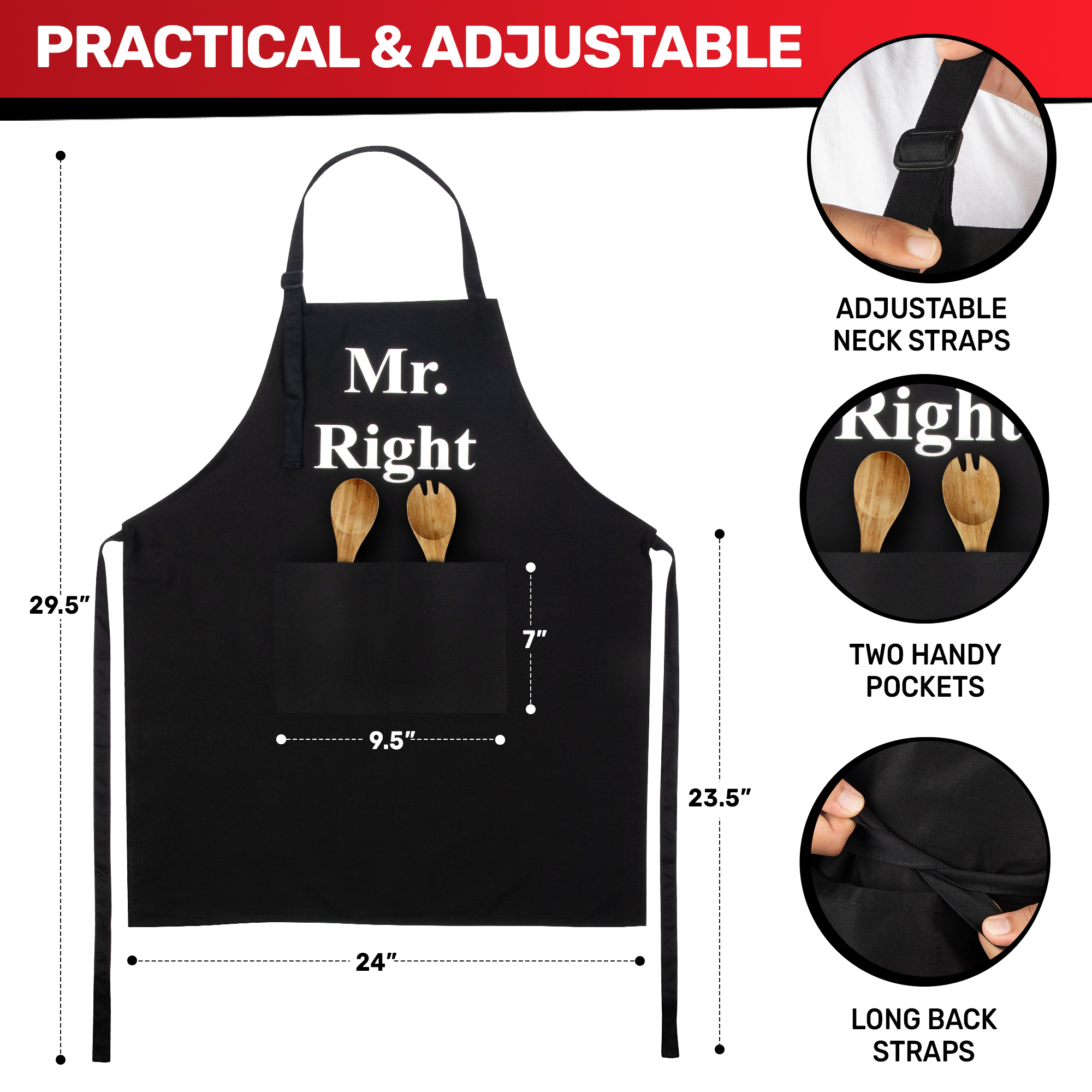 Prazoli His and Hers Aprons for Couples Mr Right Mrs Always Right Engagement and Bridal Shower Gift for Bride, Black & White Apron Set of 2
