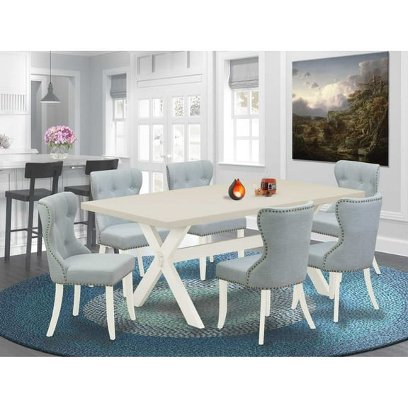 East West Furniture X-Style 7-piece Wood Dining Table Set in White/Baby Blue