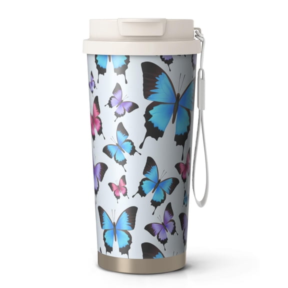 18oz Travel Coffee Mug, 316 Stainless Steel Vacuum Insulated Tumbler with 2-in-1 Straw Lid & Strap, Boho Butterfly Pattern