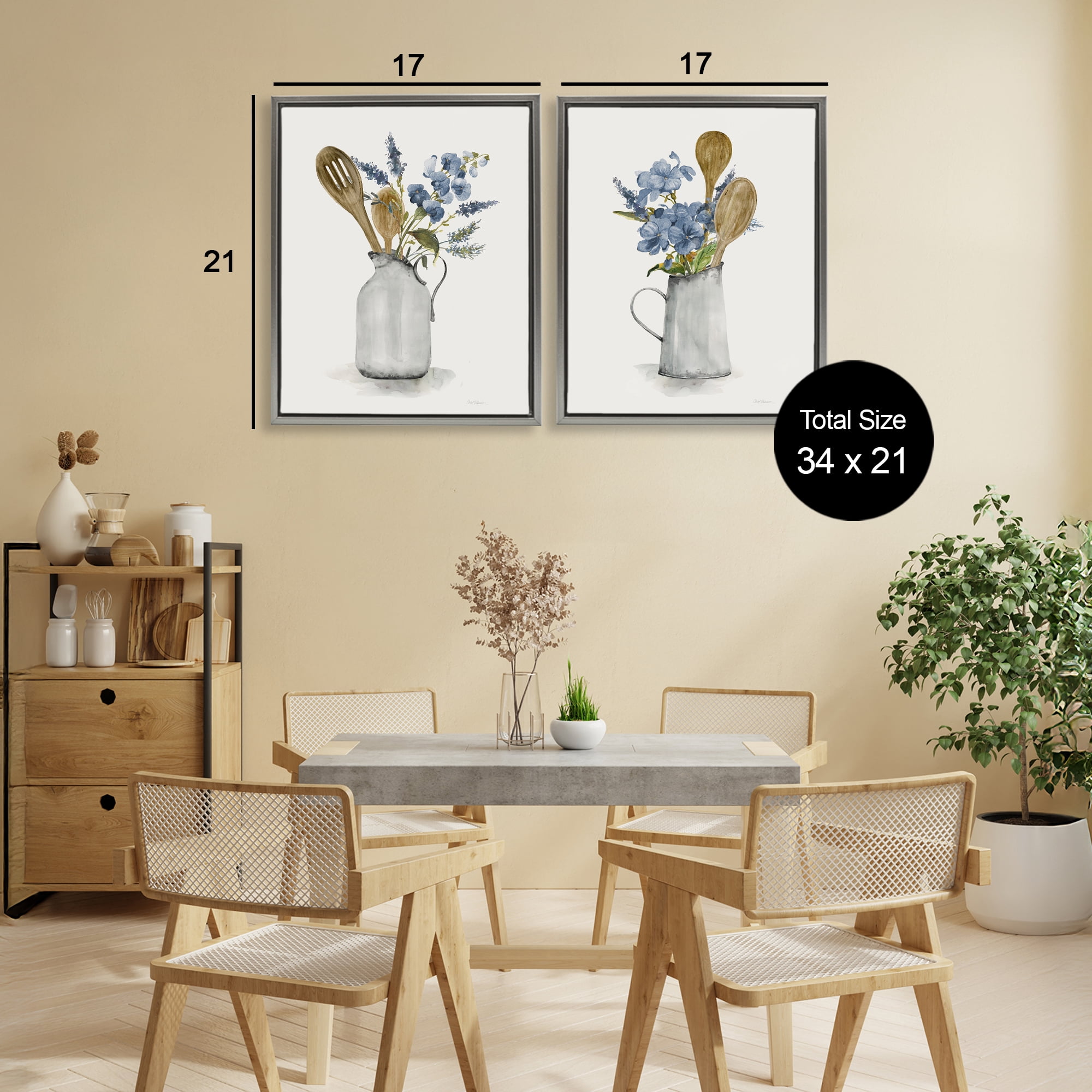 Stupell Industries Kitchen Pitcher Bouquets 2 Piece Gray Framed Floater Canvas Set, design by Carol Robinson
