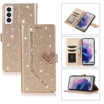 Shining Wallet Case for Samsung Galaxy S22 with Card Slots Holder Kickstand Flip Folio Cover, Sparkle Bling PU Leather Diamond Heart Love Magnetic Clasp Stylish Case for Women Girls,Gold