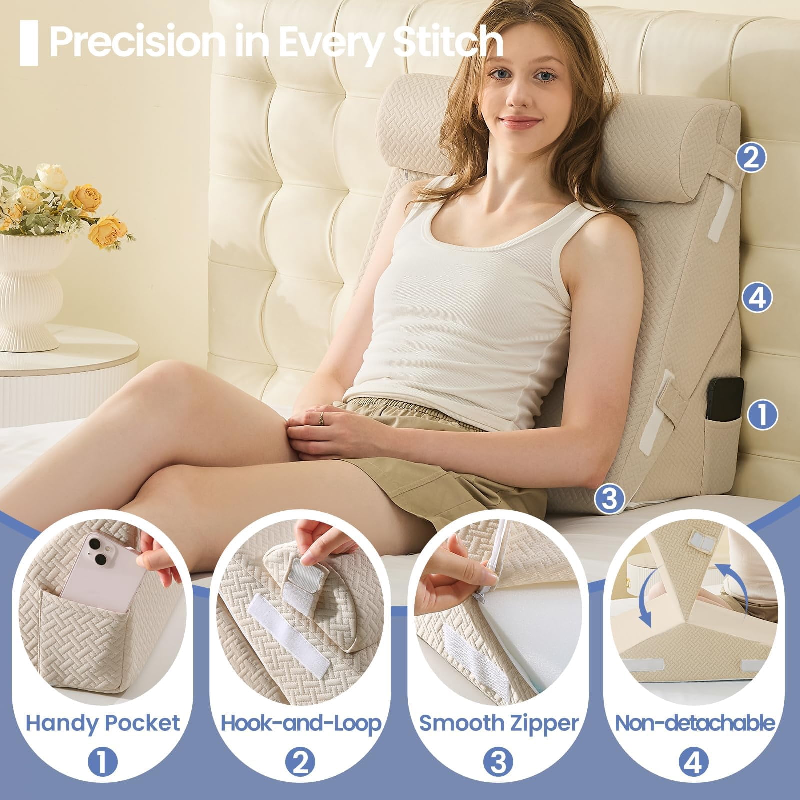Wedge Pillow Set For After  2pcs Adjustable Bed Headboard With Memory Foam Neck Cushion - Acid Reflux Sleeping & Support Beige