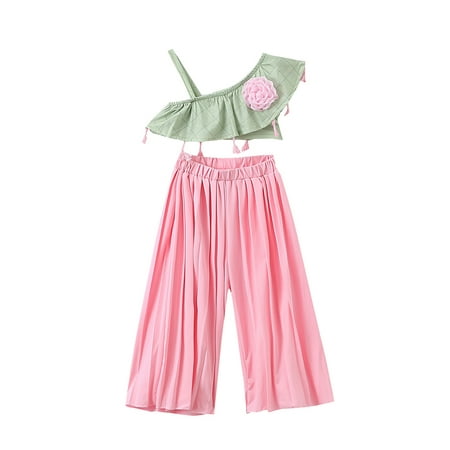 

Licupiee Toddler Girls 2Pcs Chinese Style Outfits One Shoulder Fringe Tops Wide Leg Pleated Pants Traditional Hanfu Clothes