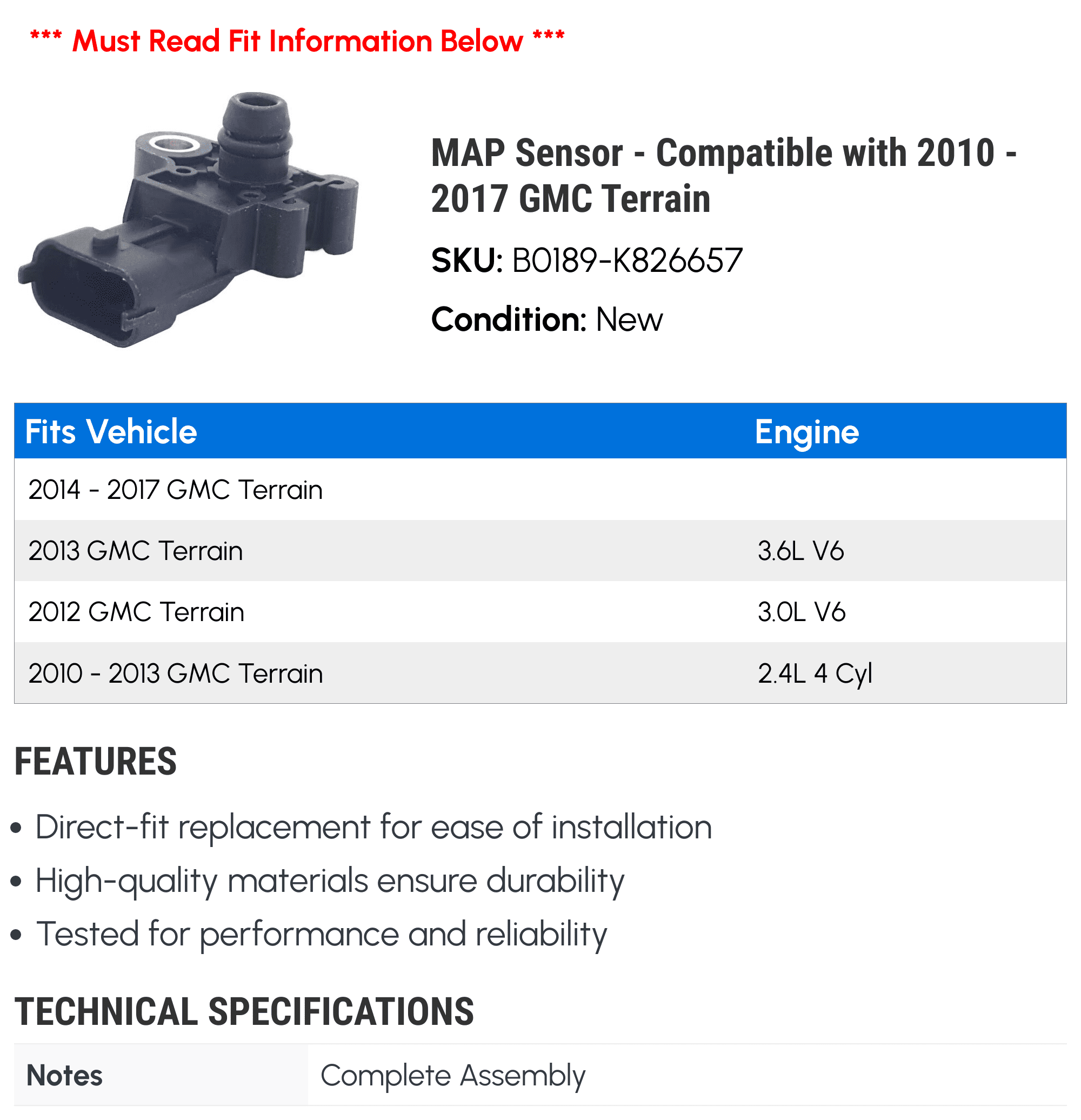 MAP Sensor - Compatible with 2010 - 2017 GMC Terrain 2011 2012 2013 2014 2015 2016
