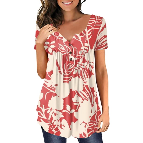 Gibobby Blusa de Trabajo de Manga Corta Camiseta plisada con estampado flores y cuello botones manga corta para mujer, camiseta informal con ajuste floral,(D,XL)