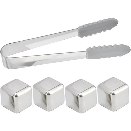 

Stainless Steel Ice Cube 4PCS Reusable Whiskey Stones Chilling Rocks Whiskey Cubes Tray and Ice Tong Bundle for Party Bar Supplies