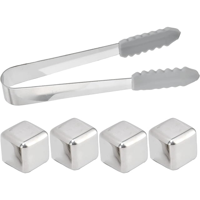 Stainless Steel Ice Cube, 4PCS Reusable Whiskey Stones Chilling Rocks Whiskey Cubes Tray and Ice Tong Bundle for Party Bar Supplies