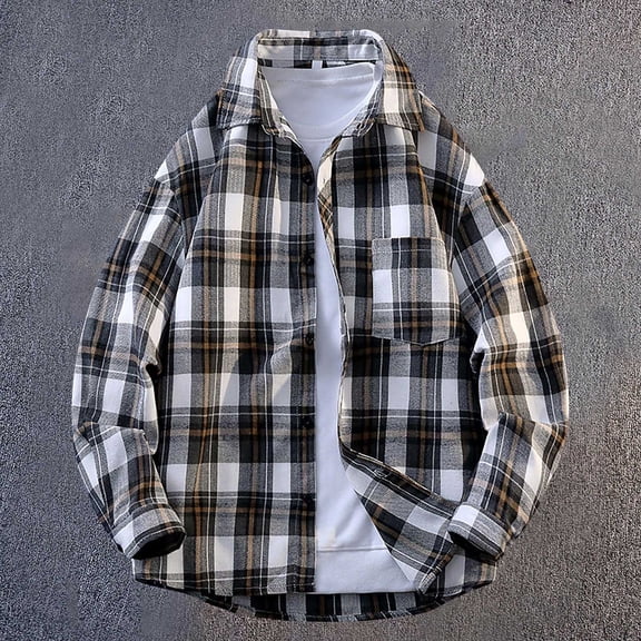 KeShDi Mens Flannel Shirts Men's Vintage Casual Check Button Pocket Lapel Fashion Long Sleeve Shirt. White 3X