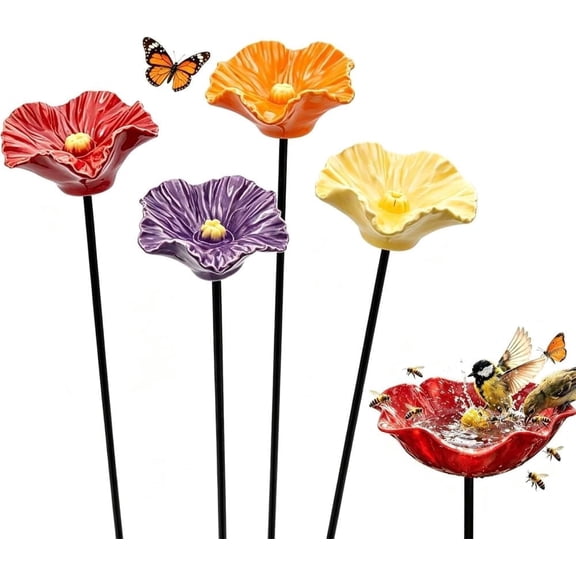 Sttlejura 4 Pcs Ceramic Garden Watering Stakes, Flower Shaped Bird Bee Butterfly Water Bowls for Outdoor Patio Yard Planter Decor