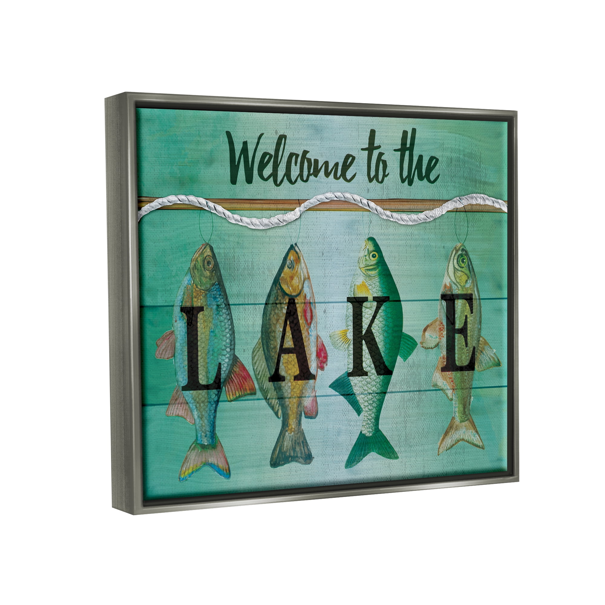 Stupell Industries Welcome To The Lake Fishing Rope Coastal Painting Gray Floater Framed Art Print Wall Art