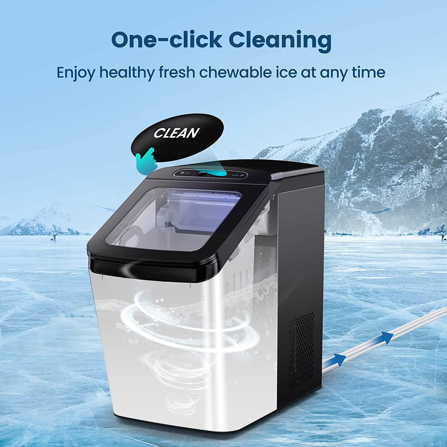 Nugget Ice Maker Countertop, Wamife Portable Ice Machine, Make 26 lbs Ice in 24 Hrs, 2 Ways Water Refill, Auto-Cleaning, with Ice Scoop and Basket for Home/Kitchen/Camping/RV. (Stainless Steel Finish)