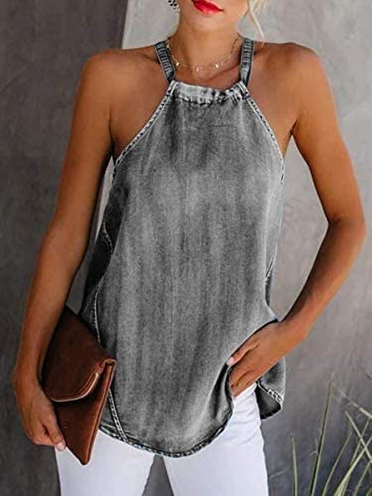 Women Lady Sexy Halter Denim Vest Summer Sleeveless Casual Off-shoulder Backless Lace Tank Tops - image 4 of 5