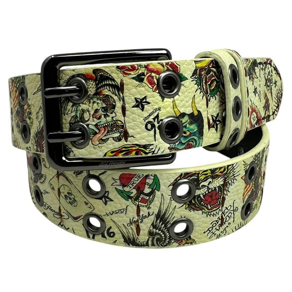 Ed Hardy Men's Double Prong Ace of Hearts Printed Cream Belt With Metal Eyelets (34, Cream)