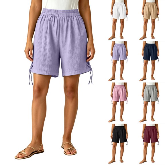 Sheghy Women's Shorts 100%Cotton Women Solid Elastic Waist Casual Split Hem Shorts Black S