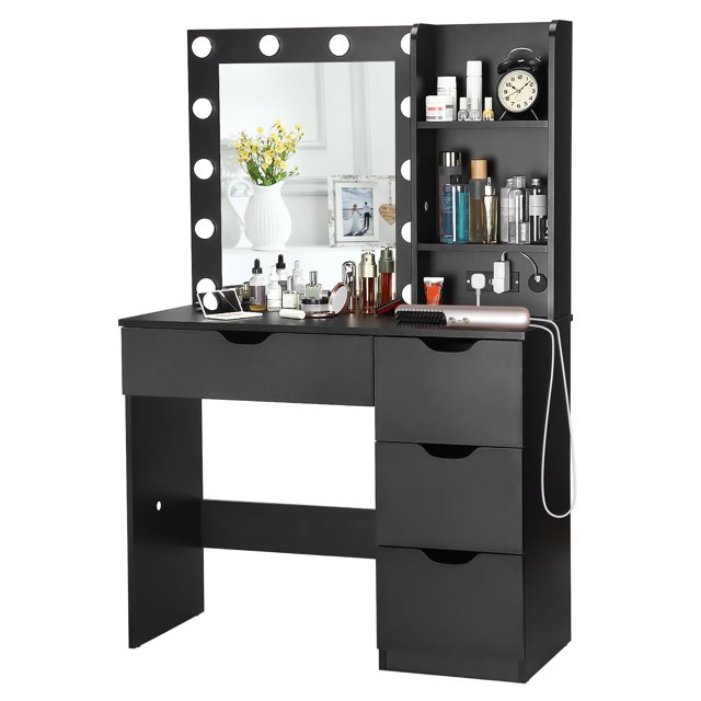 QinaQin Vanity Desk with Mirror and Lights, 35 Inch Makeup Table with 4 Drawers, Built-In Power Strip, USB and 3-Color LED Lighting
