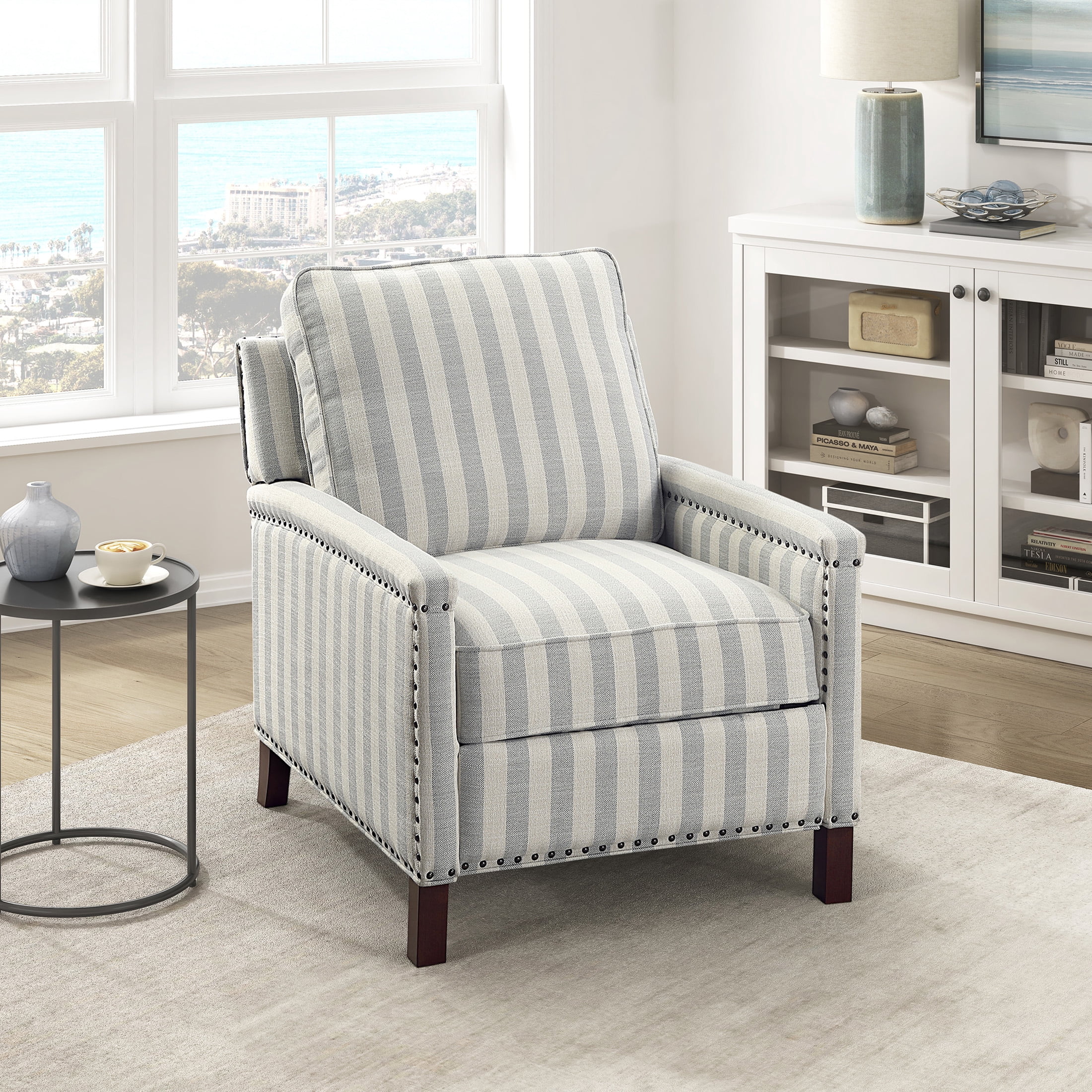 OakvillePark Solace Textured Fabric Push Back Reclining Chair, Beige With Grayish Blue Stripe Pattern