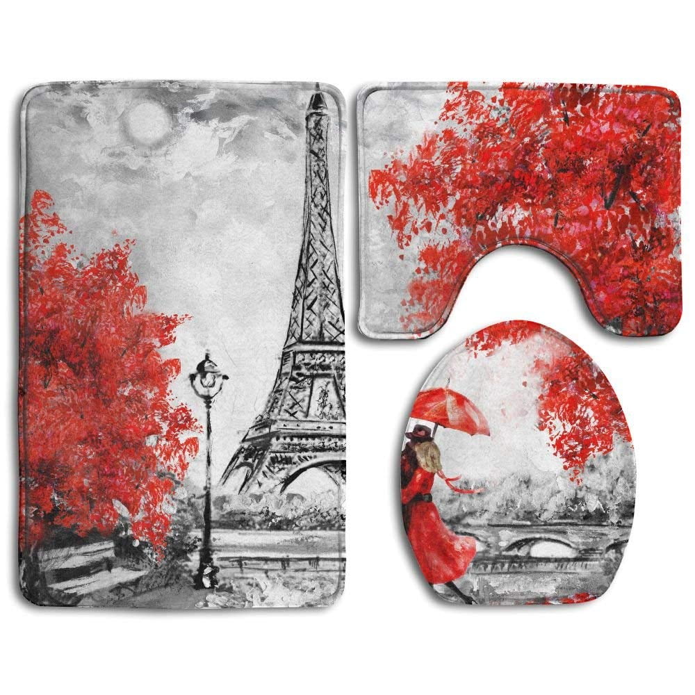 Details about   Red Umbrella & Eiffel Tower Shower Curtain Toilet Cover Rug Mat Contour Rug Set 