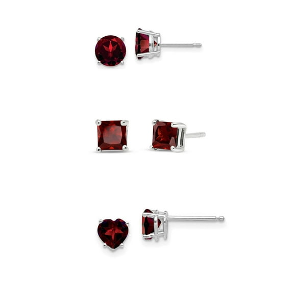 Paris Jewelry 18k White Gold 4Ct Created Garnet 3 Pair Round, Square and Heart Stud Earrings Plated