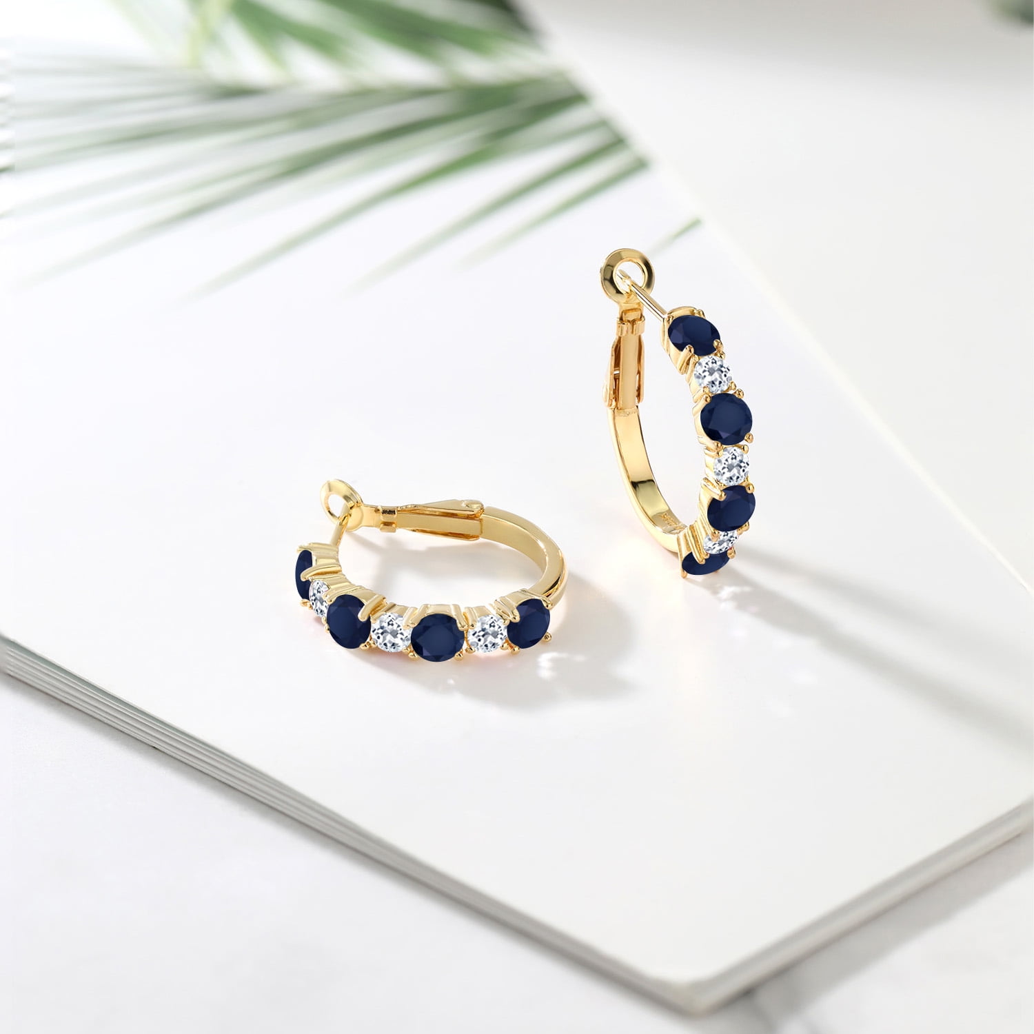 Gem Stone King 18K Yellow Gold Plated Silver Blue Sapphire and White Topaz Hoop Earrings for Women (3.64 Cttw, Gemstone September Birthstone, Round 4MM and 3MM)