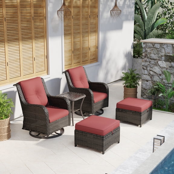 Joyside 5 Piece Wicker Patio Set with 2 Swivel Rocker Chairs, 2 Ottomans & Side Table, High Back, Deep Seating, Thick Cushions for Deck Porch, Red