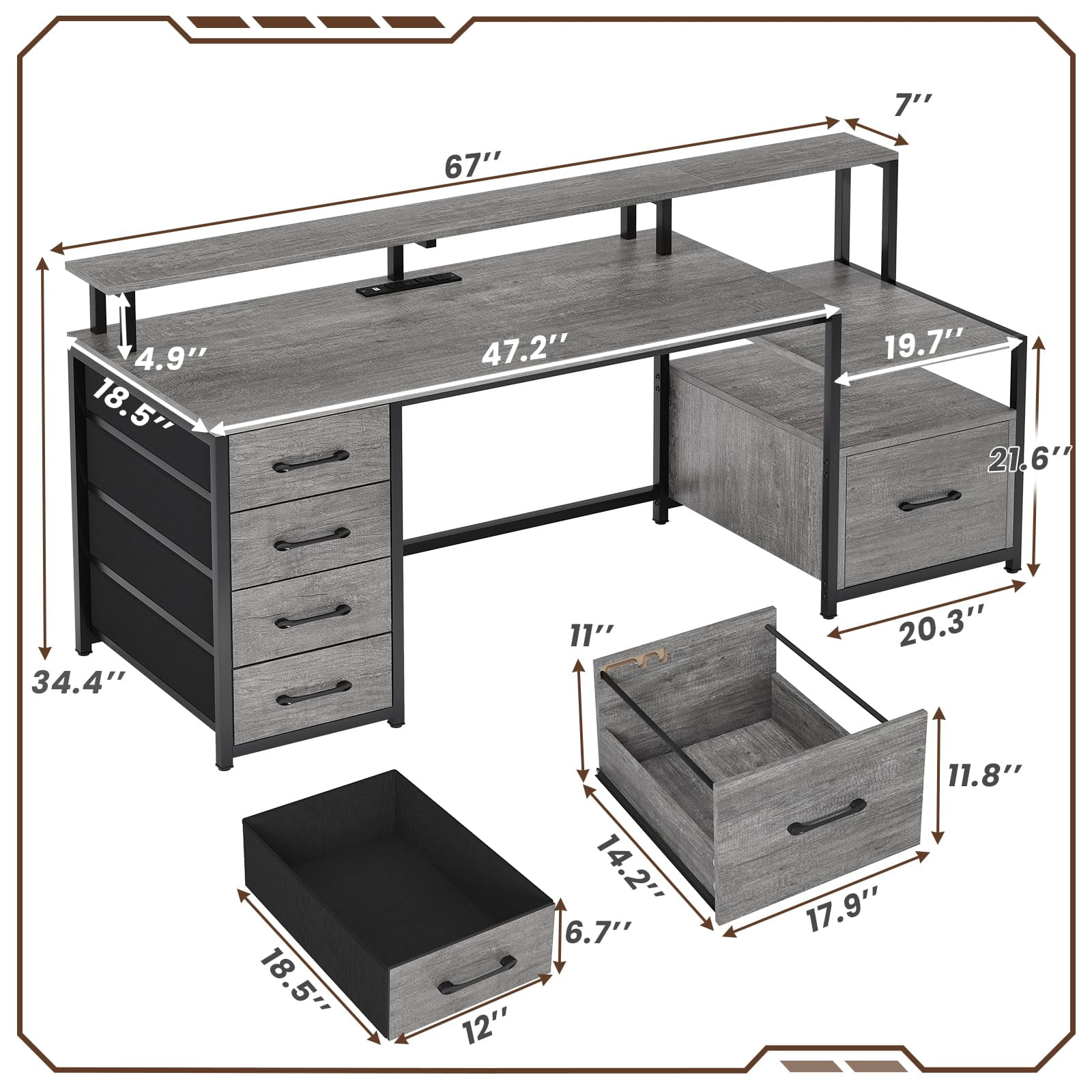 SEDETA Home Office Desk with LED Lights & Power Outlet, 66" Computer Desk with 5 Drawer and Storage Shelves, Gaming Desk with Printer Cabinet and Monitor Stand, Grey