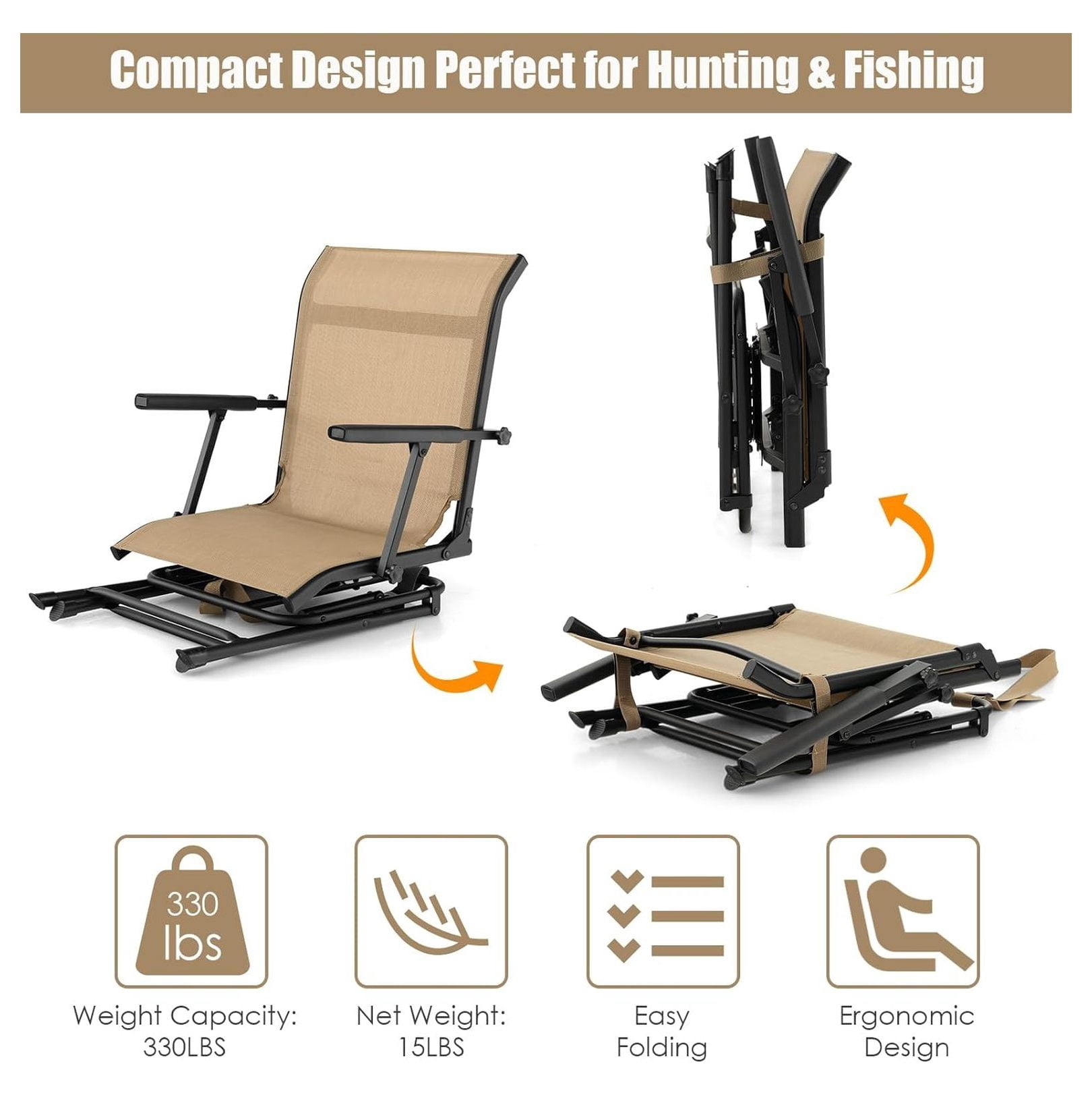 Hunting Chair, 360 Degree Swivel Hunting Blind Chair with Carry Handle, 330 lbs Capacity, Comfortable, Waterproof, Portable and Silent Folding Dove Hunting Chair for Blinds