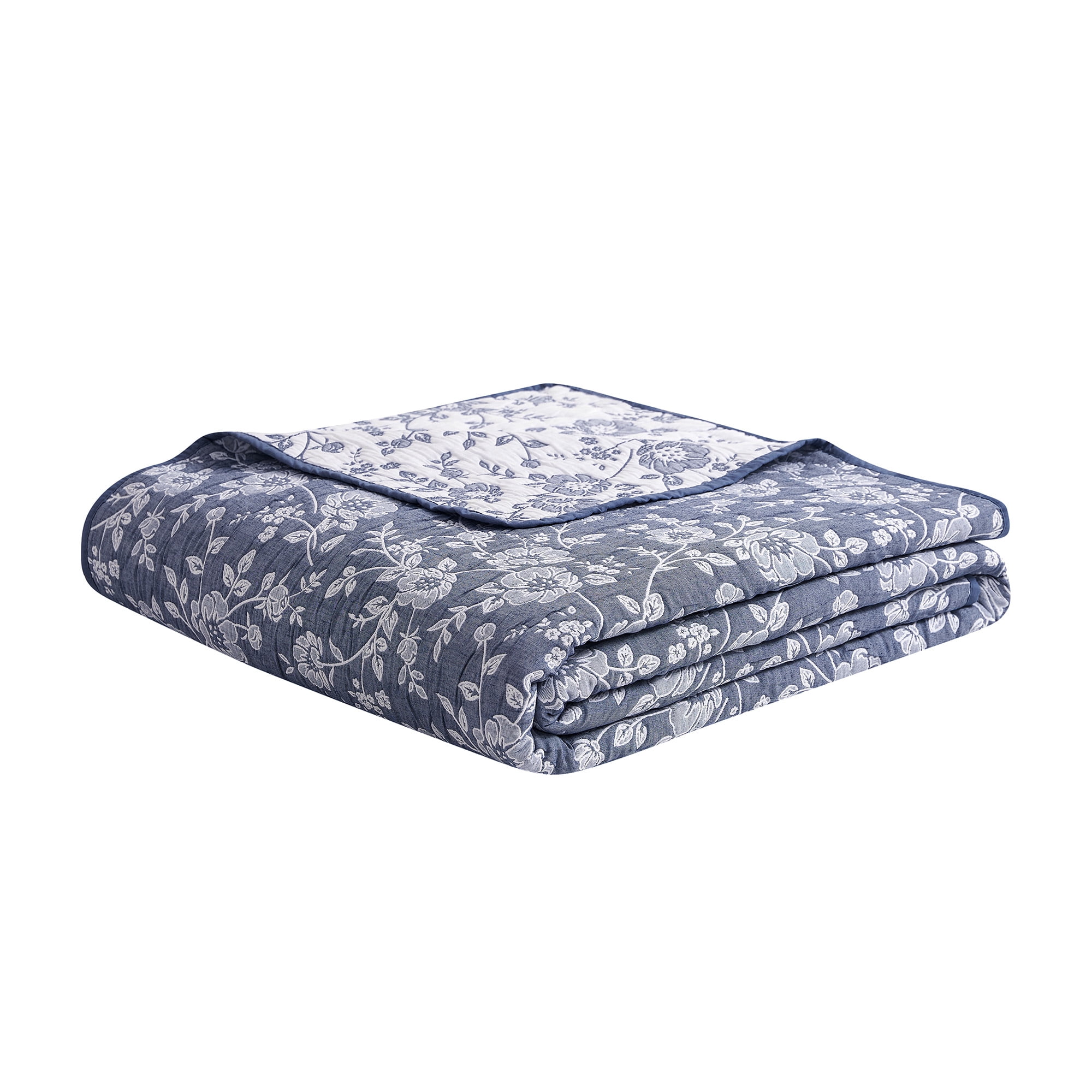 Marguerite Floral Navy 3-Piece Soft Matelasse Jacquard Cotton Blend Quilt Set - Full/Queen