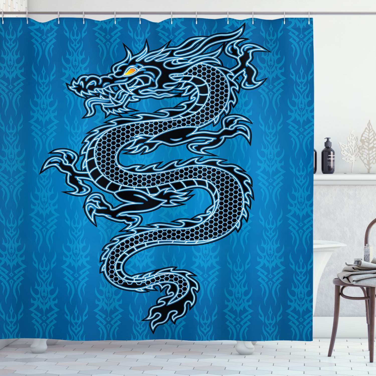 Eastern Shower Curtain Japanese Dragon Doodle Print for Bathroom 