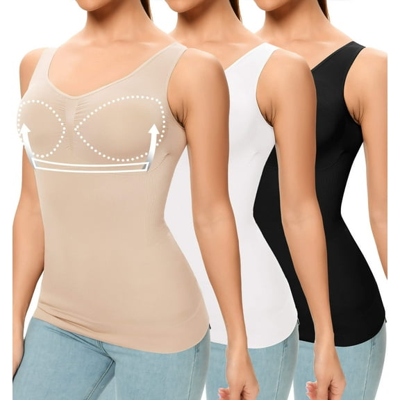 MANIFIQUE 3 Packs Women's Seamless Shapewear Tops with Built-in Padded Bra V-Neck Shaping Camisoles