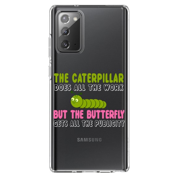 DistinctInk Clear Shockproof Hybrid Case for Samsung Galaxy Note 20 (6.7" Screen) - TPU Bumper Acrylic Back Tempered Glass Screen Protector - Caterpillar Does Work, Butterfly Publicity