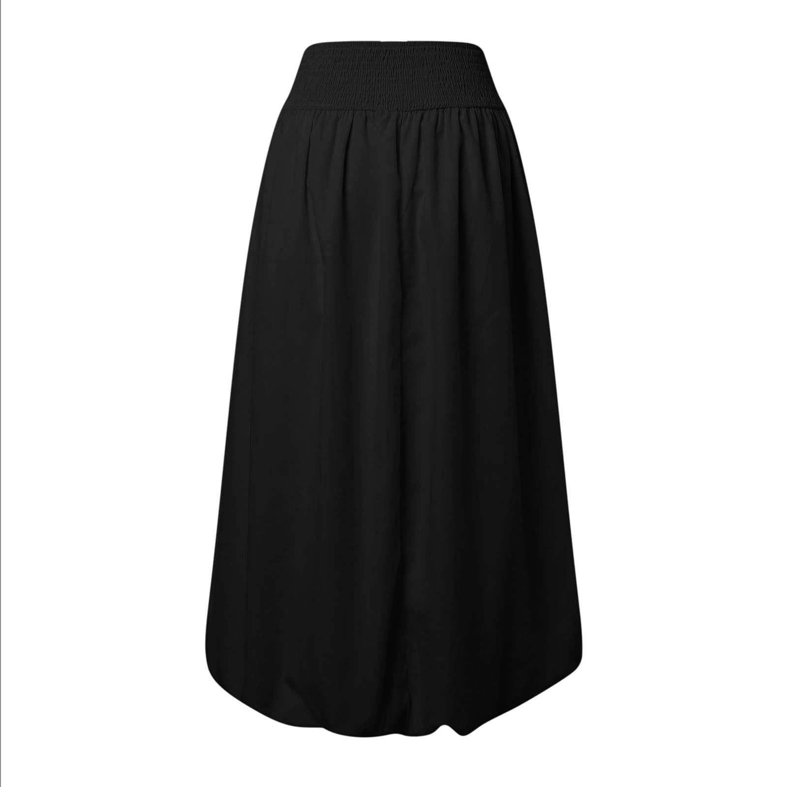 Women Bubble Maxi Skirt Summer Elastic High Waist a Line Long Skirt Casual Ruffle Pleated Midi Half Dress with Pockets Black XL